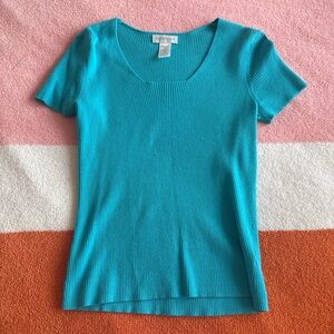 Worthington Ribbed Scoop Neck Short Sleeve Top - Teal